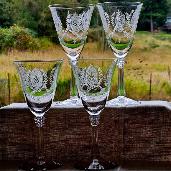 4 Fostoria Lenox Water Glasses 8" etched Laurel Elegant Glass crystal medallion - Picture 2 of 10